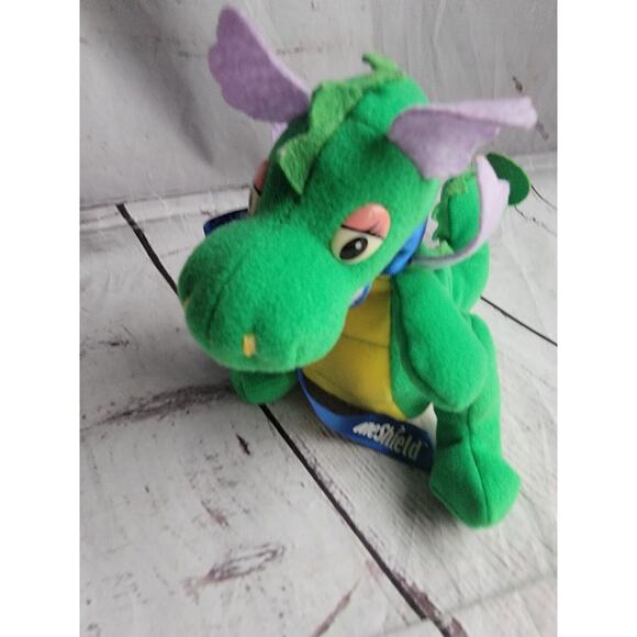 Plush Dragon Stuffed Animal Toy Vintage Green Plushie Small One Sheild Ribbon - Picture 2 of 8